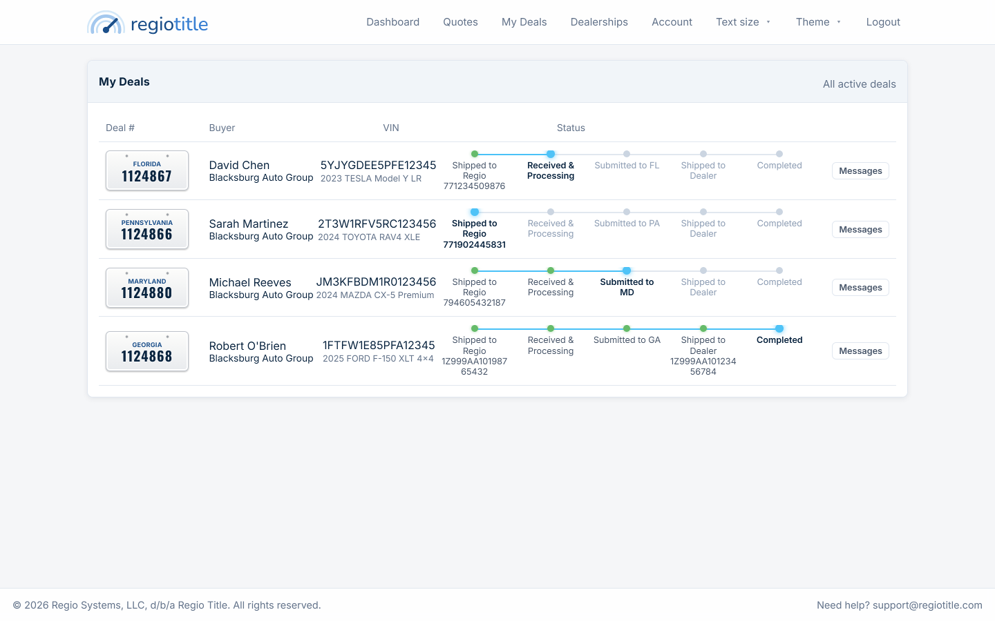 My Deals list with per-deal status timelines
