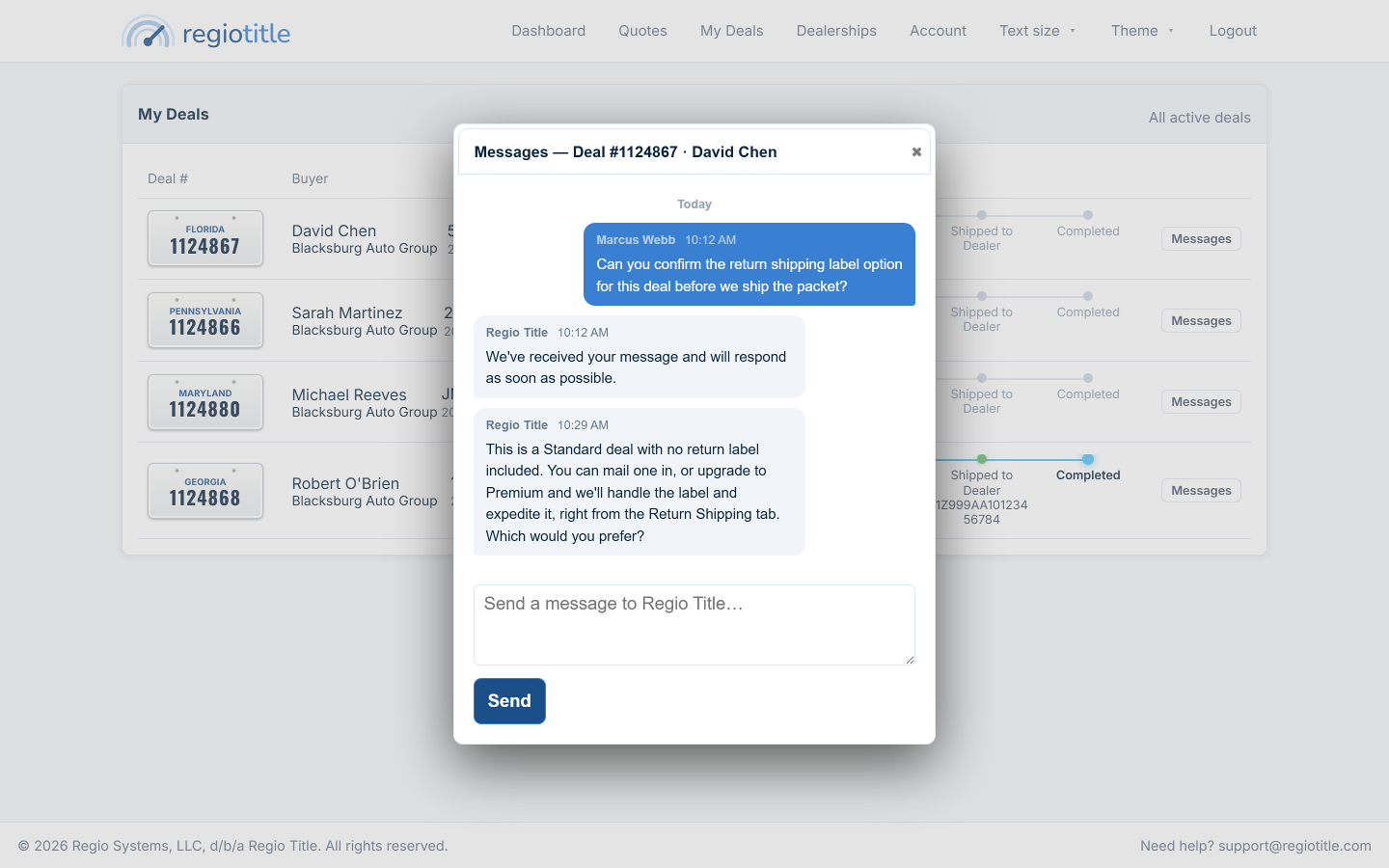 Deal messaging thread with a Regio Title specialist reply
