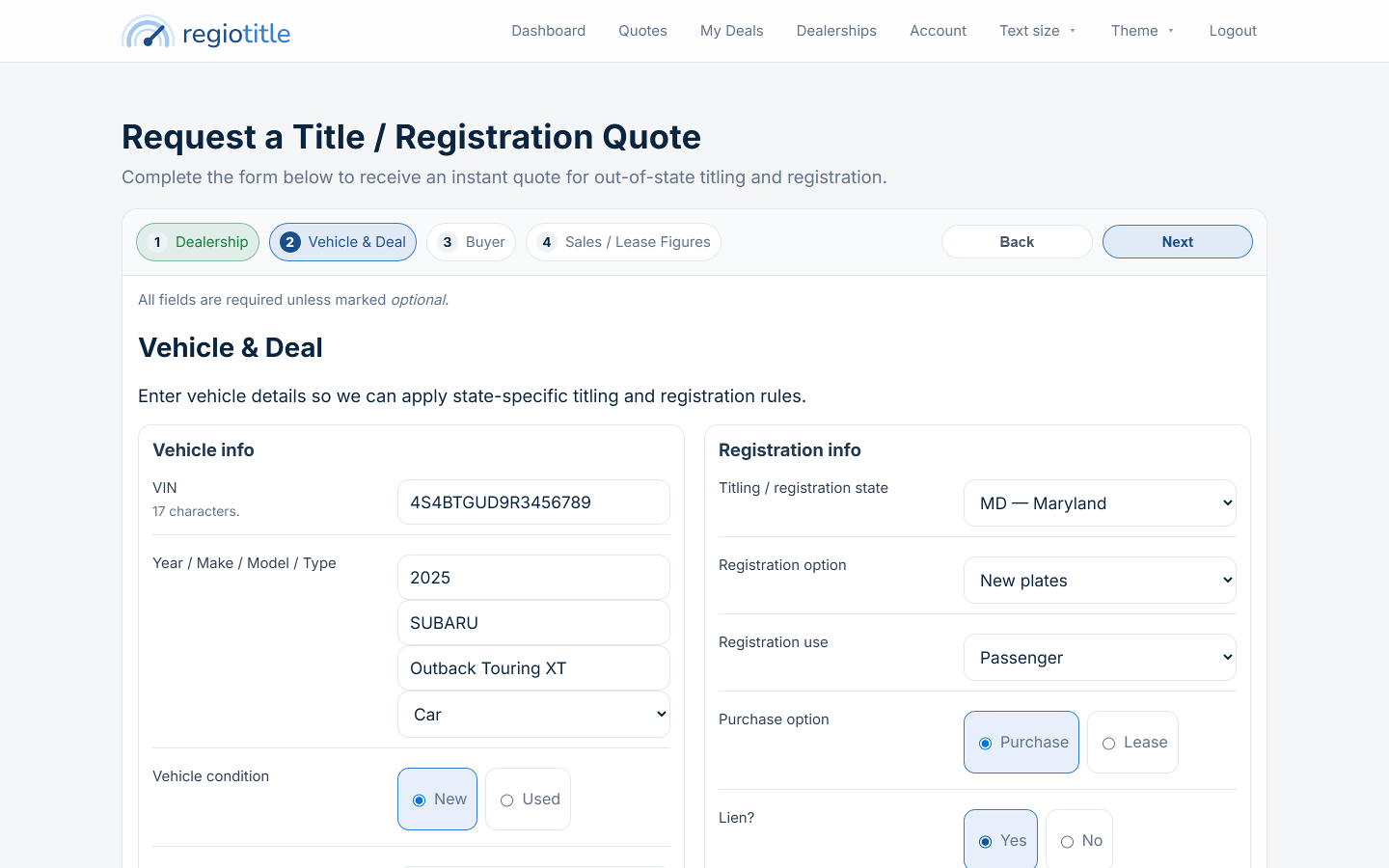 Quote wizard vehicle and deal step with state-specific fields